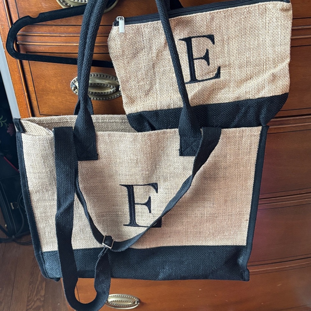 Black and Tan Burlap Tote Bag Set
